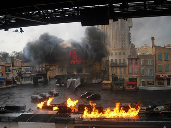 Flames and black smoke on the Disneyland Paris stunt show set