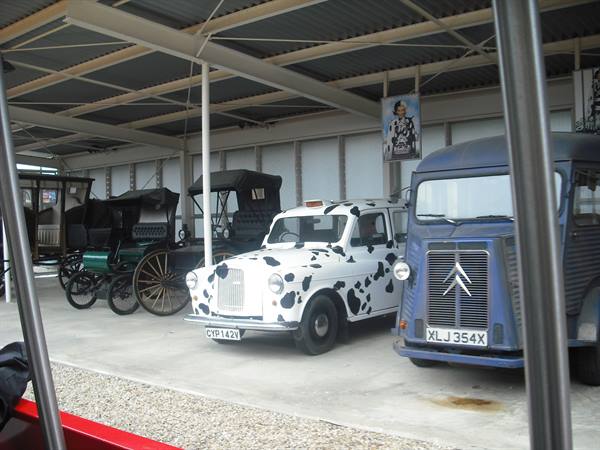 Vintage cars and old carriages displayed under a covered shed