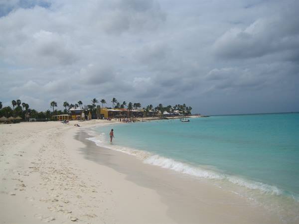 Tourist wades in turquoise water, white sand beach lined with palms