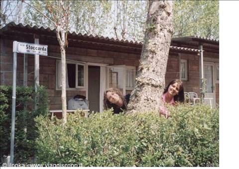 elena and barbara at the campsite in front of the bungalow