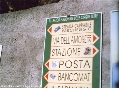 Directional sign of Cinque Terre National Park on a stone wall