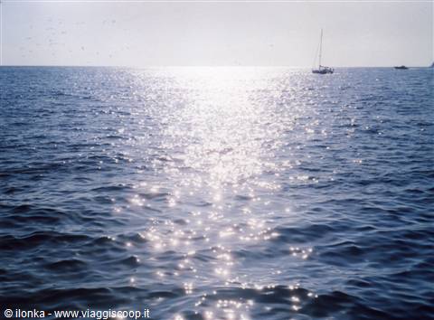 Sunlight sparkling on choppy sea, a sailboat in the distance