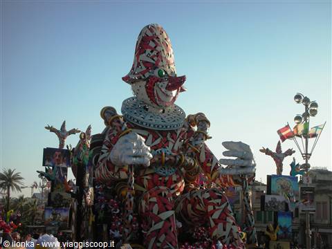 Giant papier-mâché carnival float at Viareggio under clear sky
