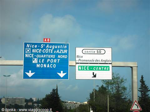 A8 motorway signs directing to Nice city center and Monaco