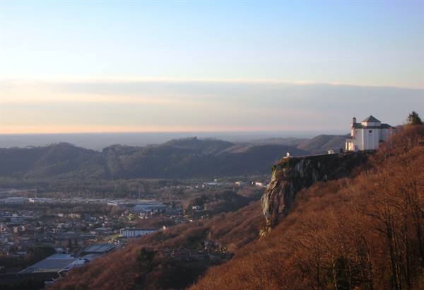 sanctuary Madonna del Sasso seen from the hotel at dawn