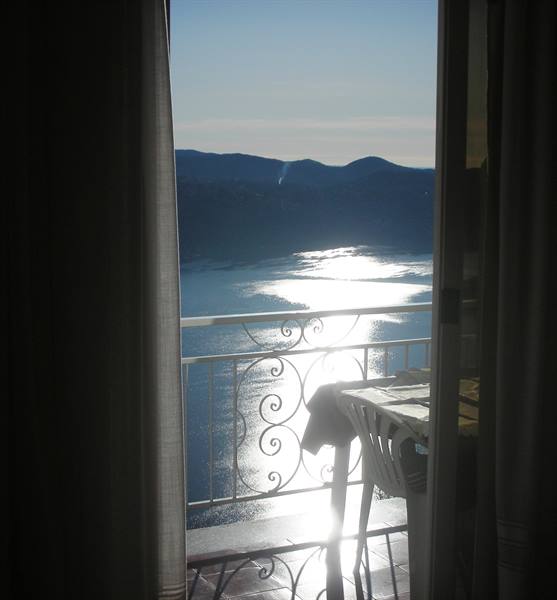 view at dawn from the hotel room with lake view
