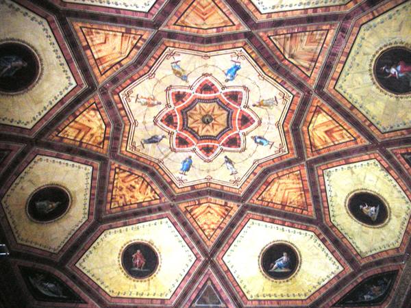 castle interior, wooden ceiling with frescoes