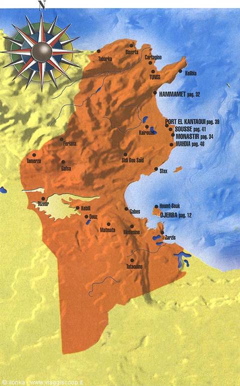 Illustrated map of Tunisia with compass rose and marked cities