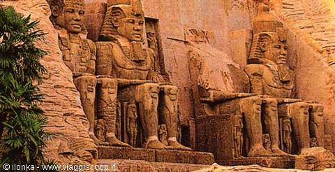 Abu Simbel: colossal seated statues of Ramses II carved in sandstone