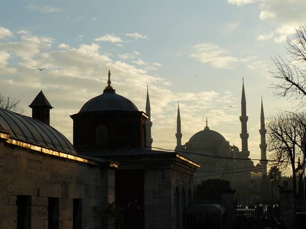 Courtyard at Hagia Sophia with the Blue Mosque in the background