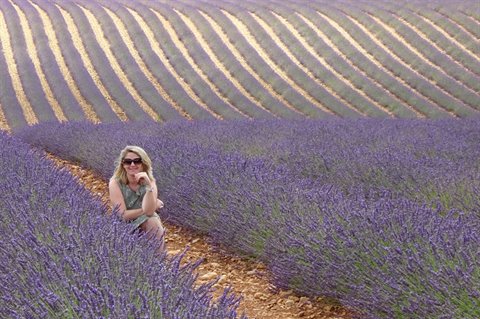 Woman standing among blooming lavender rows in Valensole