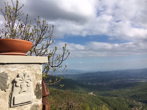 Terracotta pot on stone wall with carved flower relief, green hills under clouds