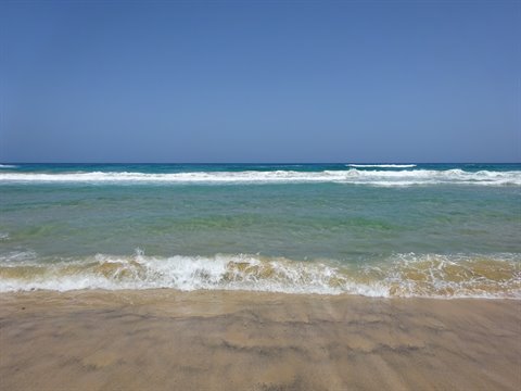 Foamy waves breaking on golden sand under a clear blue sky