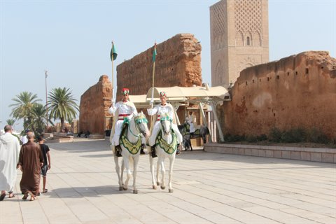 Cavalieri in uniforme bianca su cavalli decorati davanti alla Torre Hassan, Rabat