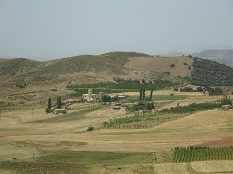 Rural village among cultivated hills and dry fields under hazy sky