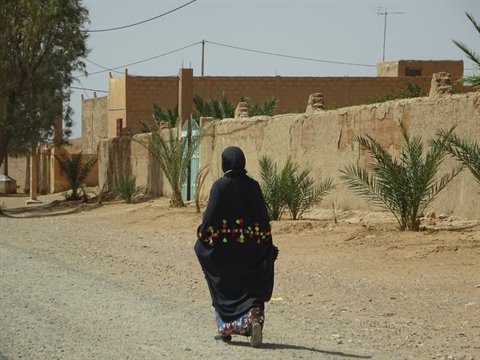 Donna velata cammina lungo muri di terra tra palme, Merzouga