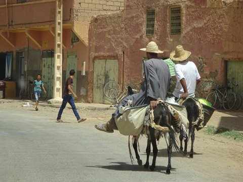 Two men in straw hats ride donkeys along a dusty street past ochre houses