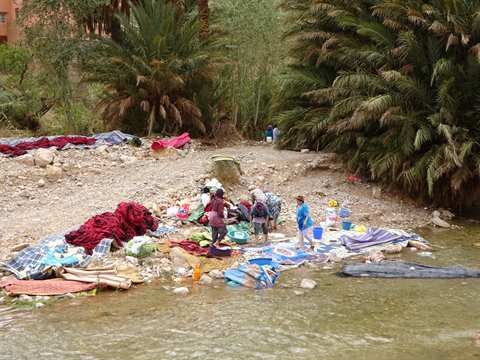 Donne lavano tappeti nel fiume tra le palme di Tinghir