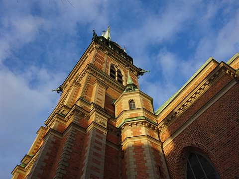 Brick and stone bell tower of Klara Church in Stockholm