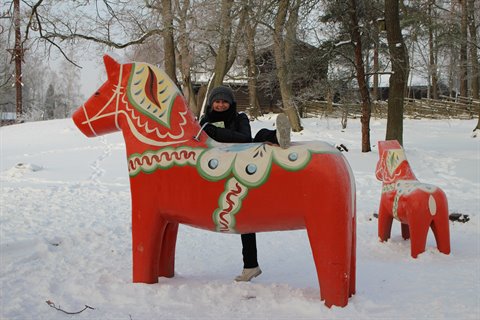 Tourist posing on a giant red Dala horse statue in Stockholm snow