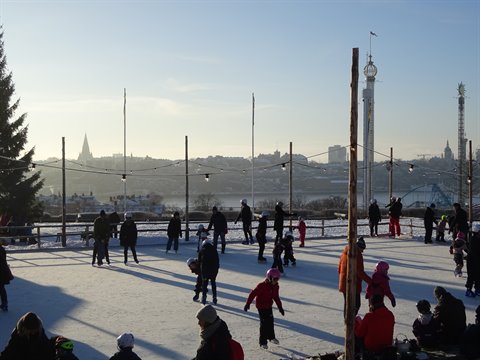 Skaters on the open-air ice rink at Skansen, Stockholm