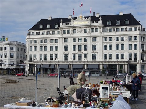 Flea market stalls in front of the historic Hotel d'Angleterre, Copenhagen
