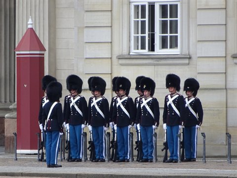 Danish royal guards lined up at Amalienborg, blue tunics, bearskins and rifles