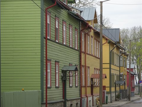 Green and yellow wooden houses along a street, grey overcast light