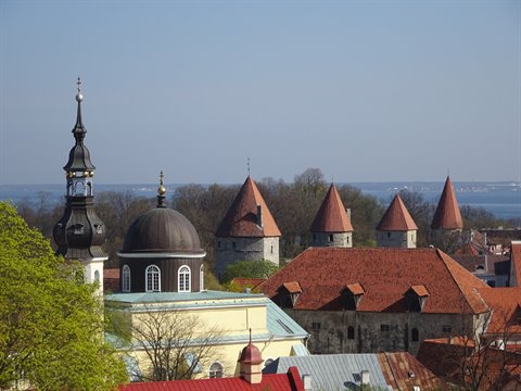 Medieval towers with red roofs and domes over Tallinn old town