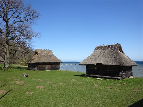 Wooden fishermen's huts with thatched roofs on the grassy shore