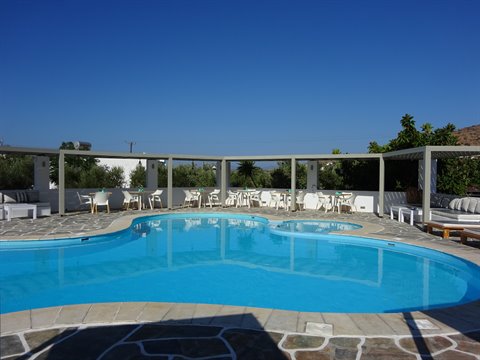 Blue swimming pool with white loungers under pergola, clear sky