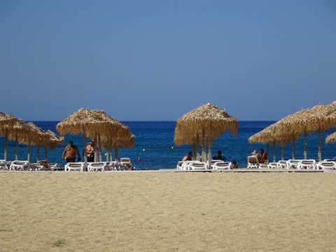 Sandy beach with straw umbrellas and white sunbeds under bright sun