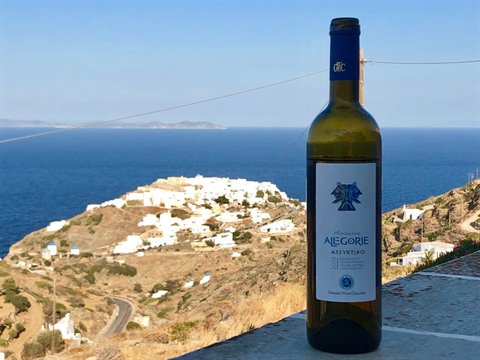 Allegorie wine bottle on white wall above Apollonia village and the sea