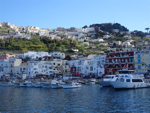 White boats in Capri harbor beneath colorful hillside houses under blue sky