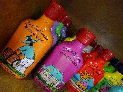 Hand-painted Trois Rivières rhum vieux bottles, Martinique