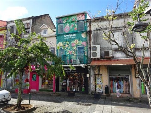 Colonial buildings with colorful shops and floral Desigual facade in Fort-de-France