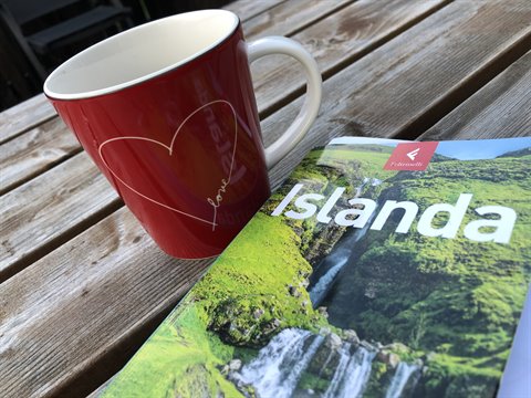 Tazza rossa con cuore accanto a una guida turistica su un tavolo di legno