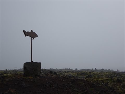 Scultura metallica a forma di pesce su pietra lavica, nebbia densa, Reykjanes