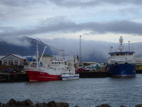 Peschereccio rosso e nave blu ormeggiati nel porto sotto nuvole basse, Höfn