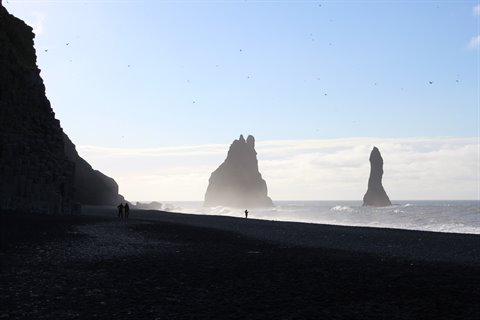 Camminatori sulla sabbia nera di Vik, faraglioni di Reynisdrangar tra nebbia e gabbiani