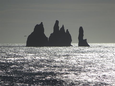 I faraglioni Reynisdrangar di Vik, sagome scure sul mare argentato