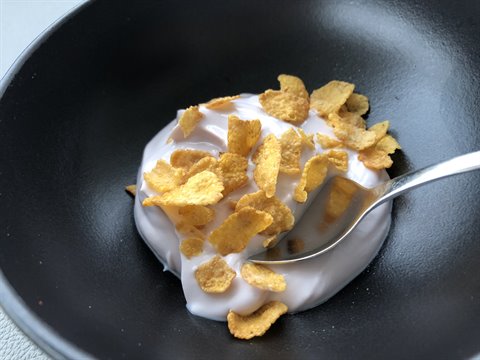 Colazione con yogurt e cereali nel piatto nero del cottage