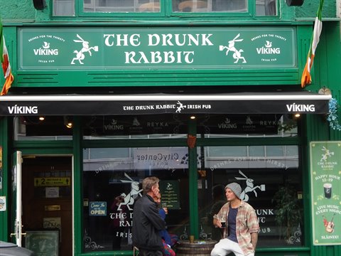 L'insegna verde del pub The Drunk Rabbit a Reykjavik