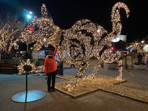 Woman in red jacket touches luminous cat sculpture in town square