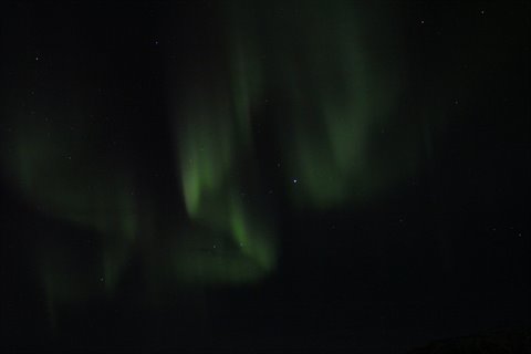 Green northern lights across a starry night sky, dark travel diary photograph