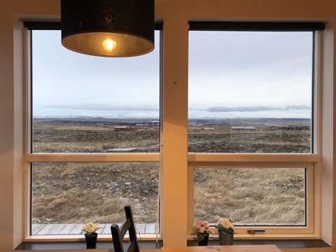 Lit lamp in front of two windows with flower pots and open moorland