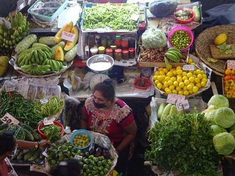 Vendor surrounded by baskets of vegetables and fruit at an outdoor market