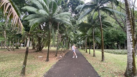 Woman walking on dirt path between tall palm trees in daytime tropical park
