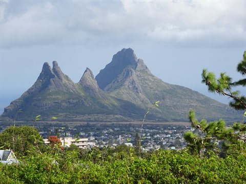 Green rocky mountains above a town, pine branches in foreground, cloudy sky