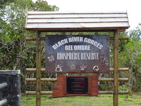 Metal and wooden reserve entrance sign among green trees, natural daylight